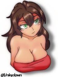 big_breasts breasts breasts brown_hair chest cute ellie excited excited_female female girly green_eyes hair_between_eyes long_hair oc red_topwear tanned tanned_skin thick topwear unkydown watermark wavy_hair