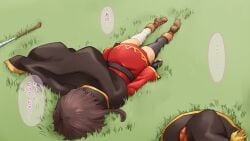 1boy after_sex ass bandaged_leg bandages black_cape black_panties brown_hair cape choten cum cum_on_ass cum_on_body cum_on_clothes defeat defeated doggy_style duplicate face_down fantasy female gloves grass hat heroine kiabpp kono_subarashii_sekai_ni_shukufuku_wo! lying maledom megumin motion_lines no_panties non-web_source on_stomach panties rape raped satou_kazuma slideshow solo translation_request trembling underwear