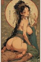 ai ai_generated ass bare bare_vagina big buddha_goddess busty chest inside_vagina male massive open_robe penis robe saggy sandals sex sideview sitting