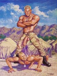army army_uniform big_penis blonde_hair boots dog_tags dominant dominant_male domination gay gay_art gay_domination gay_male gay_sex homosexual long_penis male_only marc_debauch masculine_male military military_pants military_uniform muscles muscular muscular_male peeing pissing_on_another submissive submissive_male training urine urophilia vintage watersports