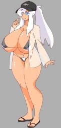 big_breasts blue_eyes breasts byternomar cap female huge_breasts original original_character ponytail pubic_hair sheer sheer_clothing swimsuit swimwear tan_body tanned tanned_female tanned_skin white_hair