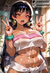 ai_generated areolae bangs bare_shoulders black_hair black_nails blunt_bangs blush bracelet breasts brown_eyes chel chel_(the_road_to_el_dorado) clavicle cleavage clothing crop_top cum cum_on_body cum_on_breasts cum_on_stomach curvaceous dark-skinned_female dark_skin double_v earrings english_language english_text female female female_only heart huge_breasts indoors jennieart02 jewelry large_breasts loincloth long_hair looking_at_viewer makeup midriff nail_polish navel nipples open_mouth original patreon patreon_logo patreon_username pelvic_curtain saliva see-through semen shirt smile solo standing stomach strapless sweat teeth text the_road_to_el_dorado thick_thighs thighs tongue tongue_out tube_top twitter twitter_username underwear v very_sweaty watermark wet wet_clothes white_shirt window
