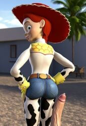 1girls accurate_art_style ai_generated braided_ponytail clothed cowboy_hat disney female from_behind jessie_(toy_story) looking_back penis pixar red_hair solo toy_story