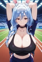 1girls 2025 ai_generated alternate_version_available arms_up big_breasts biggut black_top black_topwear blue_hair braid breasts bunny_ears bunny_girl chocker cleavage female hololive huge_breasts large_breasts looking_at_viewer mature mature_female milf pekomama solo top topwear virtual_youtuber