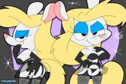 2024 4_fingers alternate_costume animaniacs anthro armwear artist_logo ass biped black_armwear black_clothing black_elbow_gloves black_gloves black_handwear blonde_hair blue_eyeshadow bra breasts cleavage closed_smile clothed clothed_anthro clothed_female clothing digital_media_(artwork) elbow_gloves eyelashes eyeshadow female fingers fishnet_clothing fishnet_legwear fully_clothed fully_clothed_anthro fully_clothed_female garter_belt garter_straps gloves grin hair hand_on_butt hand_on_hip hand_on_own_butt hand_on_own_hip handwear hi_res jdone legwear lingerie logo long_hair looking_back makeup mammal minerva_mink mink mouth_closed mustelid musteline navel panties pink_nose populuxe simple_background smile solo tail toony true_musteline underwear warner_brothers white_body yellow_tail