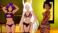 3d 3girls black_hair bleach boku_no_hero_academia cat_lingerie crossover cupless_bra dark-skinned_female dark_skin eastern_and_western_character exposed_nipples koikatsu lingerie mirko miruko my_hero_academia perfect_idiot purple_hair rabbit_ears red_eyes rwby shihouin_yoruichi sienna_khan smile smiling_at_viewer take_your_pick tiger_ears usagiyama_rumi white_hair yellow_eyes yoruichi_shihouin
