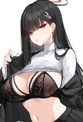 1girls absurdres black_bra black_coat black_hair black_halo black_skirt blue_archive bra breasts cleavage clothes_lift coat commentary female halo highres lace lace-trimmed_bra lace_trim large_breasts lifting_own_clothes long_hair long_sleeves looking_at_viewer navel open_clothes open_coat red_eyes rio_(blue_archive) shigure_s simple_background skirt solo sweater sweater_lift turtleneck turtleneck_sweater underwear upper_body white_background white_sweater
