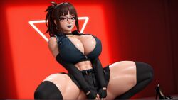 1girls 3d 3d_(artwork) abs ai ai_generated armwarmer armwarmers armwear belt big_breasts black_lips black_lipstick brown_hair brown_hair busty cleavage crop_top cropped_jacket glasses gloves goth goth_girl highres madz(oc) muscular_female perfect_body pleated_skirt preview radnsad red_eyes short_skirt skirt squatting sweat sweatdrop sweating sweaty sweaty_body thick_legs thick_thighs thighhighs wallpaper