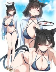 1girls 2_tails absurdres alternate_costume alternate_hair_length alternate_hairstyle animal_ear_fluff animal_ears bikini black_bikini black_choker black_hair black_halo black_tail blue_archive blue_bikini blue_tail breasts bright_pupils brown_sandals cape cat_ears cat_girl cat_tail choker cleavage cosplay criss-cross_halter female full_body gradient_tail hair_intakes hair_ornament hairpin halo halterneck highres kemonomimi_mode kikyou_(blue_archive) kikyou_(blue_archive)_(cosplay) kikyou_(swimsuit)_(blue_archive) large_breasts layered_bikini legs looking_at_viewer multi_ear multi_tail multiple_views navel red_eyes rio_(blue_archive) sandals shigure_s short_hair standing stomach swimsuit tail thighs toes white_cape white_pupils