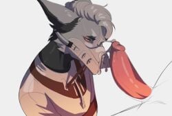 ambiguous_form anthro black_body black_fur bodily_fluids bondage bondage bound clothed clothing cobu cum cum_on_face duo erection faceless_character faceless_male fur genital_fluids genitals grey_body grey_fur grey_hair hair humanoid_genitalia humanoid_penis male male/male male_anthro muzzle_(object) muzzled narrowed_eyes orange_eyes penis red_penis restraints sergal solo_focus straitjacket tears