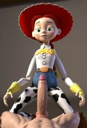1girls accurate_art_style ai_generated braided_ponytail clothed cowboy_hat disney female from_below jessie_(toy_story) looking_down penis pixar red_hair solo toy_story