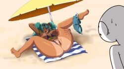 1boy 1girls blue_hair brazilian_miku breasts exposed_breasts female hatsune_miku josetomedasco latina male oc pussy
