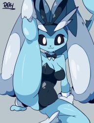 2023 anthro black_sclera blue_body bow_ribbon breasts bunny_costume cleavage clothed clothing collar costume cuff_(restraint) cuffs_(clothing) cuffs_to_collar digital_media_(artwork) eeveelution fan_character female female_anthro flexible front_view generation_1_pokemon generation_4_pokemon hi_res hybrid imnotroh lagomorph leotard leporid looking_at_viewer lopunny mammal marine navel_outline nintendo one_leg_up pokemon pokemon_(species) rabbit raised_leg restraints simple_background smile solo tail vaporeon vaporunny vaporunny_(japeal) white_eyes wide_hips