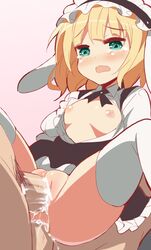 1girls 9law anal animal_ears bar_censor blonde_hair blush breasts censored clothed_sex clothing cum cum_in_ass cum_in_pussy cum_inside double_penetration exposed_breasts female female_on_top green_eyes headdress highres human is_the_order_a_rabbit? male nipples no_bra open_clothes open_mouth penetration penis pussy sex sharo_kirima short_hair size_difference small_breasts spread_legs straight tears thighhighs vaginal_penetration waitress white_legwear white_thighhighs young