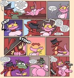 2025 2_horns absurd_res angry anthro ass big_breasts big_butt biped bodysuit breasts butt_slap clothing comic costume countershade_torso countershading dialogue dot_eyes duo english_text female genitals gesture hat headgear headwear hi_res horn kobold lying male neck_grab not_a_furfag nude on_back open_mouth pink_body presenting presenting_vulva profanity pupils red_body red_eyes scalie sharp_teeth simple_eyes skinsuit slap slit_pupils solo speech_bubble spread_legs spreading standing teeth text tight_clothing tongue top_hat vulva waving white_body white_countershading yellow_sclera