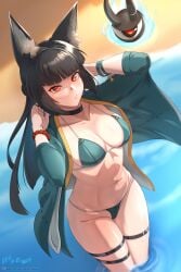 1girls 1other absurdres alternate_costume ambiguous_gender animal_ear_fluff animal_ears aqua_bikini aqua_jacket arms_up artist_name beach belt bikini black_choker black_hair blunt_bangs blunt_ends bracelet breasts choker cleavage closed_mouth collarbone commentary_request cowboy_shot dutch_angle female fox_ears fox_girl half_updo highres hoshimi_miyabi jacket jewelry large_breasts light_blush long_hair looking_at_viewer multiple_thigh_straps navel ocean open_clothes open_jacket outdoors paid_reward_available patreon_logo patreon_username red_eyes signature solo_focus stomach swimsuit tailless_(zenless_zone_zero) thigh_belt thigh_strap three-quarter_sleeves toned toned_female variant_set vilde_loh_hocen wading watermark web_address zenless_zone_zero