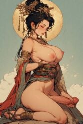 ai ai_generated ass bare bare_vagina big buddha_goddess busty chest inside_vagina male massive open_robe penis robe saggy sandals sex sideview sitting