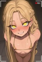 ai_generated bikini blush blush camera_overlay camera_view chorunda elden_ring femboy flat_chest hands_behind_back long_eyelashes long_hair looking_at_viewer lustful_eyes miquella miquella_the_kind smiling sweat yellow_eyes yellow_hair