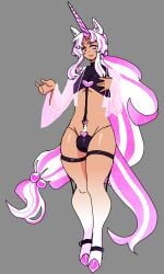 1boy buldge byternomar equine garter_belt garter_straps horse_tail male original original_character pink_hair pubic_hair sheer sheer_clothing tan_body tan_skin thick_thighs unicorn unicorn_horn white_hair