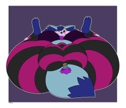 2025 absurd_res anthro ass belly big_belly big_breasts big_butt big_clitoris big_vulva black_bottomwear black_clothing black_pants blue_body blue_ears blue_hair blue_inner_ear blue_inner_ear_fluff blue_nose blue_tail blue_tail_tip border bottomwear braixen breasts camel_toe canid canine cheeki clitoris clothing colored digital_media_(artwork) dipstick_tail faye_(reathe) female flat_colors fox generation_6_pokemon genitals hair hi_res huge_breasts huge_butt huge_clitoris huge_thighs hyper hyper_butt hyper_clitoris hyper_genitalia hyper_thighs hyper_vulva inner_ear_fluff insane looking_at_viewer lying mammal markings multicolored_body navel nintendo on_back outline overweight overweight_anthro overweight_female pants pattern_bottomwear pattern_clothing pattern_pants pink_body pink_bottomwear pink_clothing pink_pants pokemon pokemon_(species) potion presenting presenting_hindquarters presenting_vulva purple_background purple_clothing purple_shirt purple_tongue purple_topwear red_eyes sharp_teeth shirt simple_background smile smiling_at_viewer solo spread_legs spreading tail tail_markings teeth thick_thighs tight_clothing tongue tongue_out topwear tuft two_tone_body vulva white_border white_outline