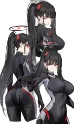 1girls absurdres aiming aiming_at_viewer ass black_bodysuit black_hair blue_archive bodysuit breasts bright_pupils closed_mouth female gun halo highres holding holding_gun holding_weapon large_breasts long_hair looking_at_viewer looking_back multiple_views official_alternate_costume ponytail red_eyes rio_(blue_archive) rio_(bodysuit)_(blue_archive) shigure_s simple_background very_long_hair weapon white_background white_pupils