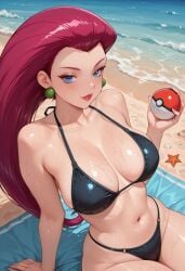 ai_generated beach big_breasts bikini breasts female jessie_(pokemon) ocean pokeball pokemon summer troythekid