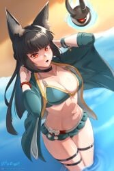 1girls 1other absurdres alternate_costume ambiguous_gender animal_ear_fluff animal_ears aqua_bikini aqua_jacket arms_up artist_name beach belt bikini bikini_skirt black_choker black_hair blunt_bangs blunt_ends bracelet breasts choker cleavage collarbone commentary_request cowboy_shot dutch_angle female fox_ears fox_girl half_updo highres hoshimi_miyabi jacket jewelry large_breasts light_blush long_hair looking_at_viewer multiple_thigh_straps navel ocean open_clothes open_jacket open_mouth outdoors paid_reward_available patreon_logo patreon_username red_eyes signature solo_focus stomach swimsuit tailless_(zenless_zone_zero) thigh_belt thigh_strap three-quarter_sleeves toned toned_female variant_set vilde_loh_hocen wading watermark web_address zenless_zone_zero