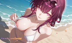 1girls ai_generated beach bikini breasts eyewear eyewear_on_head female honkai:_star_rail honkai_(series) hoyoverse kafka_(honkai:_star_rail) large_breasts looking_at_viewer mihoyo navel nipples outdoors patreon sand smile solo swimsuit white_bikini zenaai