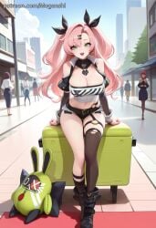 1girl ai_generated black_footwear black_jacket black_shorts boots cleavage crop_top cropped_jacket day doll fur-trimmed_shorts green_eyes looking_at_viewer midriff mugenshi nicole_demara o-ring outdoors patreon_username pink_hair reward_available self_upload short_shorts single_sock single_thighhigh sitting smile solo stuffed_animal thigh_strap tube_top zenless_zone_zero