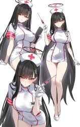 1girls absurdres alternate_costume black_hair blue_archive blush closed_mouth female full_body gloves hair_ornament hairclip halo hat highres holding holding_syringe light-skinned_female light_skin long_hair looking_at_viewer millennium_science_school_student multiple_views nurse nurse_cap parted_lips red_eyes rio_(blue_archive) seminar_(blue_archive) shigure_s short_sleeves simple_background standing syringe thighs white_background white_gloves