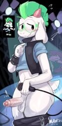 anthro biped blush bodily_fluids bottomless bovid caprine clothed clothing crop_top deltarune duo electronics erection eyebrows eyewear fingers flesh_fang floppy_ears foreskin fur genital_fluids genitals glasses goat hair hi_res holding_microphone holding_object horn humanoid_genitalia humanoid_penis male male_focus mammal mawmain microphone mohawk penis precum ralsei scalie shirt smile solo_focus susie_(deltarune) tail thick_thighs topwear undertale_(series) vest white_body white_fur white_tail wide_hips