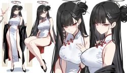 1girls alternate_costume bare_arms bare_shoulders black_hair black_shoes blue_archive blush breasts bright_pupils china_dress chinese_clothes closed_mouth dress female full_body hair_bun hair_ornament hairclip halo hand_on_own_chest high_heels highres large_breasts long_hair red_eyes rio_(blue_archive) shigure_s shoes simple_background single_hair_bun smile solo standing thighs white_background white_dress white_pupils
