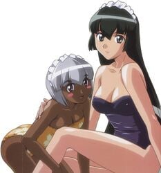 2girls :d arm_support arms bare_arms bare_legs bare_shoulders black_hair blue_swimsuit blush_stickers breasts c: cleavage closed_mouth collarbone dark-skinned_female dark_skin female female_only hanaukyo_maid_tai hanaukyou_maid_tai highres hug human leg_grab legs leotard long_hair looking_at_viewer maid maid_headdress multiple_girls neck one-piece_swimsuit open_mouth sanae_yashima shiny shiny_hair shiny_skin short_hair silver_hair simple_background sitting small_breasts strapless strapless_leotard strapless_swimsuit swimsuit tsurugi_konoe white_background yellow_swimsuit yuri