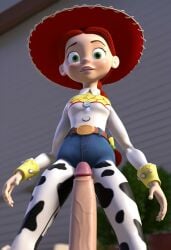 1girls accurate_art_style ai_generated braided_ponytail clothed cowboy_hat disney female from_below jessie_(toy_story) looking_down penis pixar red_hair solo toy_story