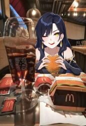 1girls ai_generated dinner_date eating eating_burger eating_food eating_out female fire_emblem mcdonald's sonia_(fire_emblem)
