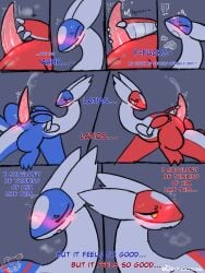 3:4 animal_genitalia animal_penis blush bodily_fluids breath brother_(lore) brother_and_sister_(lore) closed_eyes comic delphoxiscool emenata english_description english_text eon_duo exclamation_point feral feral_only generation_3_pokemon genital_fluids genital_slit genitals gynomorph hi_res intersex latias latios legendary_duo legendary_pokemon male masturbation nintendo penis pokemon pokemon_(species) precum profanity red_eyes shared_senses sibling_(lore) signature sister_(lore) solo sweat tapering_penis text yellow_eyes