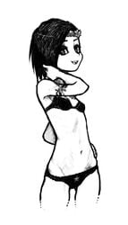 black_hair bra flat_chest flower_wreath lingerie monochrome navel panties skinny smile tattoo wabaki