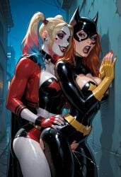 1futa 1girls ai_generated alley batgirl blonde_hair charv dc dc_comics dc_extended_universe female from_behind futa_on_female futanari harleen_quinzel harley_quinn intersex mask minishorts night night_sky orange_hair