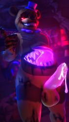 3d_(artwork) absurd_res anthro balls bear belly_mouth blurred_background bodily_fluids bow_tie chest_scar claws clothing cum cum_drip cum_on_penis digital_media_(artwork) dripping erection eye_scar facial_scar five_nights_at_freddy's five_nights_at_freddy's_4 fredbear_(fnaf) genital_fluids genitals glowing glowing_eyes glowing_genitalia glowing_penis glowing_tongue grin hat headgear headwear hi_res humanoid_genitalia humanoid_penis inside jizzyfox male mammal monster naughty_face nightmare_fredbear_(fnaf) nude_anthro nude_male penis red_eyes scar scottgames sharp_teeth smile solo teeth tongue tongue_out top_hat watermark