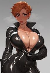 ai_generated female ginger_hair latex plain_background short_hair sweat undressing unzipping zipper