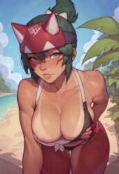 ai_generated beach beach_background bent_over big_breasts blush cleavage female kiriko_(overwatch) looking_at_viewer nipple_slip nipples overwatch ponytail rokc123 short_hair slim_waist sweat tan_body tanline tanned