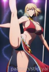 1girls ai_generated anime blonde_hair breasts breasts cha_hae_in eyes female fit medium_hair nsfw purple_eyes solo_leveling stickyai