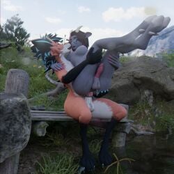 3d_(artwork) anal anal_sex anthro bodily_fluids bovid caprine carrying_another carrying_partner digital_media_(artwork) duo female femboy futanari genital_fluids genitals goat hi_res horn intersex intersex/male kissing knot lagomorph male mammal outside outside_sex penetration penis precum rose_(rosethegoat) sany_van_fox sanythefox sex water wings wolpertinger