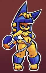 2024 animal_crossing ankha_(animal_crossing) anklet anthro bandage blue_eyes blue_hair breasts concaerus covering covering_self digital_media_(artwork) domestic_cat embarrassed fangs felid feline felis female hair hi_res jewelry looking_at_viewer mammal navel nintendo nude open_mouth simple_background solo tail teeth yellow_body