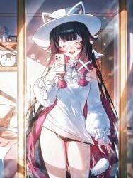 :d ^_^ absurd_res ai_generated alternate_costume animal_ear_headwear animal_ears ascot ass_visible_through_thighs bare_shoulders bed bedroom black_hair black_panties blue_flower blunt_bangs blush bow bow_panties bowtie breasts brooch cat_ears cat_girl cat_hat cat_tail cellphone chest_of_drawers closed_eyes clothes_pull clothing_cutout colored_inner_hair columbina_(genshin_impact) contrapposto covered_eyes cowboy_shot dress ears_through_headwear eye_mask facing_viewer fake_animal_ears fake_tail fedora feline female female_pov flower flower_brooch gem genshin_impact gradient_hair groin hair_flaps hair_ornament hair_ribbon hand_up hat hat_bow hat_flower holding holding_phone indoors jewelry lens_flare light_particles long_hair long_sleeves looking_at_mirror looking_at_viewer low-tied_sidelocks lowleg lowleg_panties mask medium_breasts ministro mirror multicolored_hair no_pants off-shoulder_shirt off_shoulder official_alternate_costume on_bed open_mouth panties panty_lift panty_pull phone picture_frame pillow pink_hair plant potted_plant pov puffy_long_sleeves puffy_sleeves pulled_by_self red_hair reflection ribbon rose selfie shirt shoulder_cutout sidelocks smartphone smartphone_case smile solo standing streaked_hair string_panties stuffed_animal stuffed_cat stuffed_toy sun_hat sunlight tail taking_picture teeth thigh_gap thighs thong tress_ribbon two-tone_hair underwear upper_teeth_only vase very_long_hair virtual_youtuber white_ascot white_bow white_bowtie white_dress white_headwear white_mask white_ribbon white_shirt x_hair_ornament