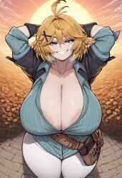 1girls ai_generated alternate_version_available areola areola_slip arms_up breasts cleavage clothed clothed_female clothing collarbone dokibird female green_eyes huge_breasts meteor95 no_bra outdoors outside pants smile smiling smug solo standing thick_thighs thighs tight_clothing tight_pants virtual_youtuber white_pants yellow_hair