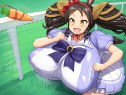 1girls bouncing_breasts breasts brown_hair carrot curvy female huge_breasts jadf marvelous_sunday_(umamusume) running smiling sparkling_eyes tagme tracen_school_uniform umamusume