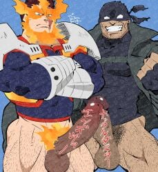 2boys adversarial_noise armor balls bara beard_stubble boku_no_hero_academia clenched_hand coat commentary_request crossed_arms endeavor_(boku_no_hero_academia) endeavor_(my_hero_academia) erection facial_hair fiery_hair fingerless_gloves gauntlets gloves grin highres knuckleduster_(boku_no_hero_academia) knuckleduster_(my_hero_academia) leg_hair looking_at_viewer male male_focus masked multiple_boys muscular muscular_male no_pants penis pubic_hair scar scar_across_eye scar_on_face shirako_(kirupi) shoulder_armor signature smile stubble superhero_costume testicles translated twitter_username yaoi