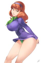 arched_back brown_eyes brown_hair daphne_blake female female_only green_panties hairband hanna-barbera huge_breasts human panties pantyshot pose scarf scooby-doo simple_background solo spacedongle upskirt