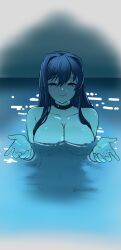 1girls artist_name bedroom_eyes big_breasts breasts busty choker doki_doki_literature_club female in_water naked_female night pool projektxi01 purple_eyes purple_hair skinny_dipping submerged water wet yuri_(doki_doki_literature_club)